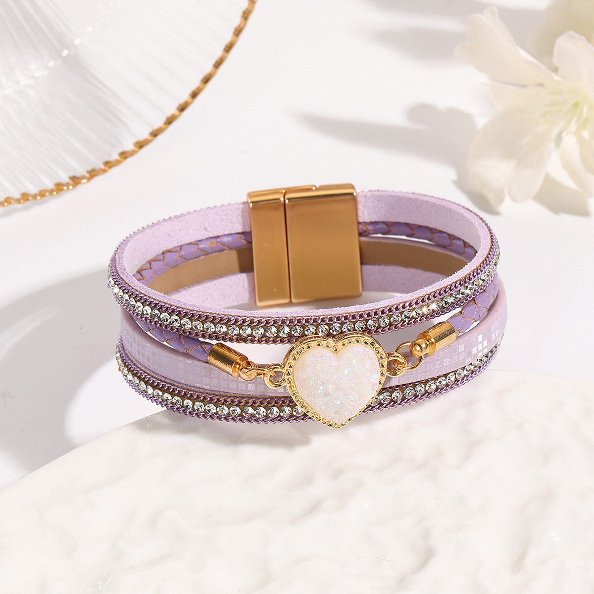 MYK1998-Leather woven heart-shaped crystal Bohemian diamond-encrusted magnetic clasp bracelet