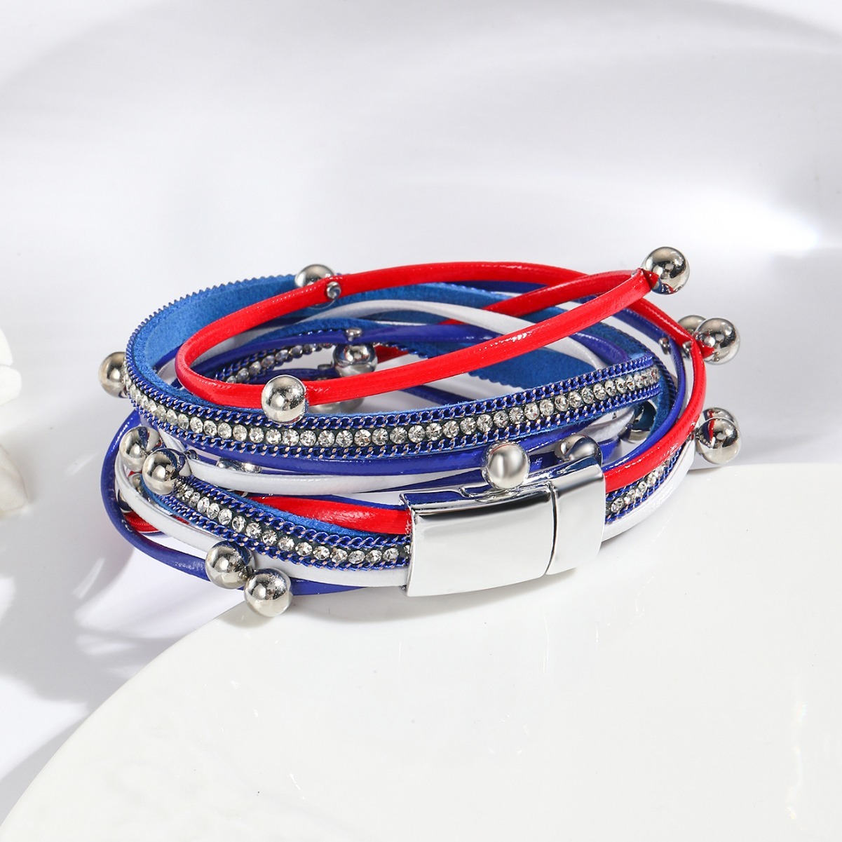MYK2008-Red, white and blue double-ringed beaded multi-layered diamond-encrusted magnetic clasp bracelet