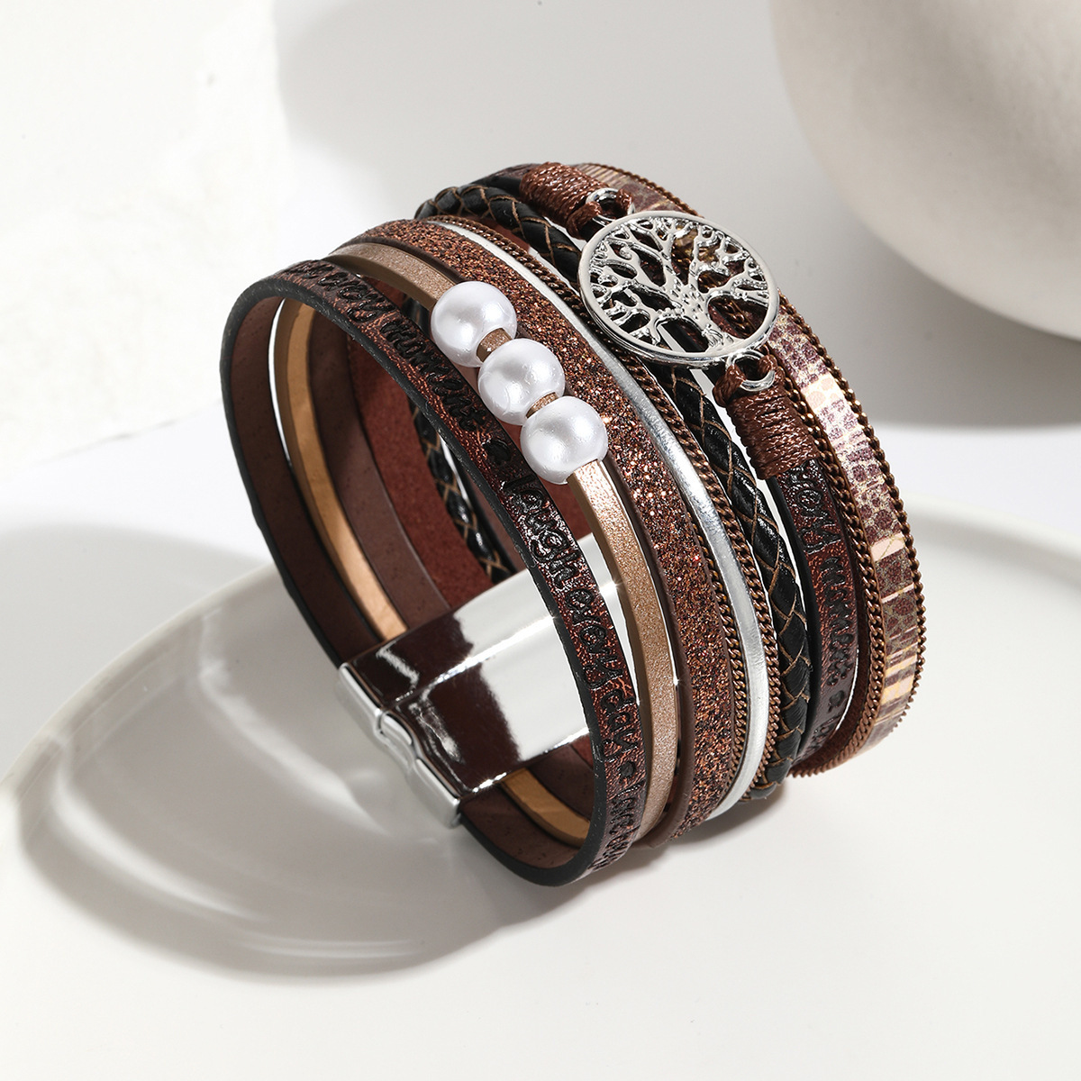MYK2005-Bohemian Multi-Layer Bracelet with Raw Stone Heart Design, Tree of Life Pearl Magnetic Clasp