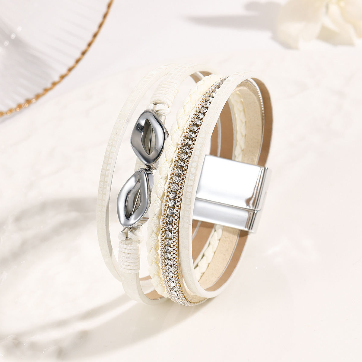 MYK2004-Multi-layered diamond-encrusted ethnic-style leather bracelet