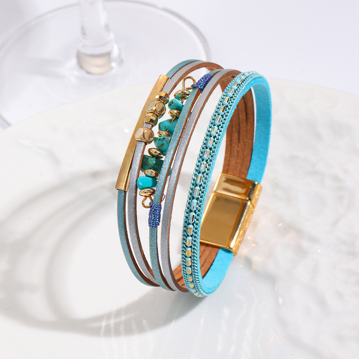 MYK1989-Bohemian style color-blocked pebble magnetic clasp PU leather bracelet