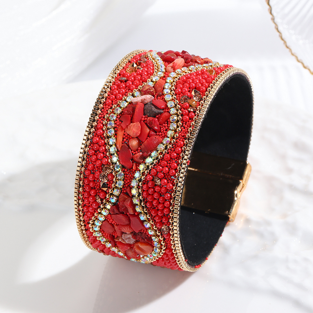 MYK1983-Pebble Seed Beads Leather Bohemian Style Gemstone Bracelet with Stainless Steel Magnetic Clasp