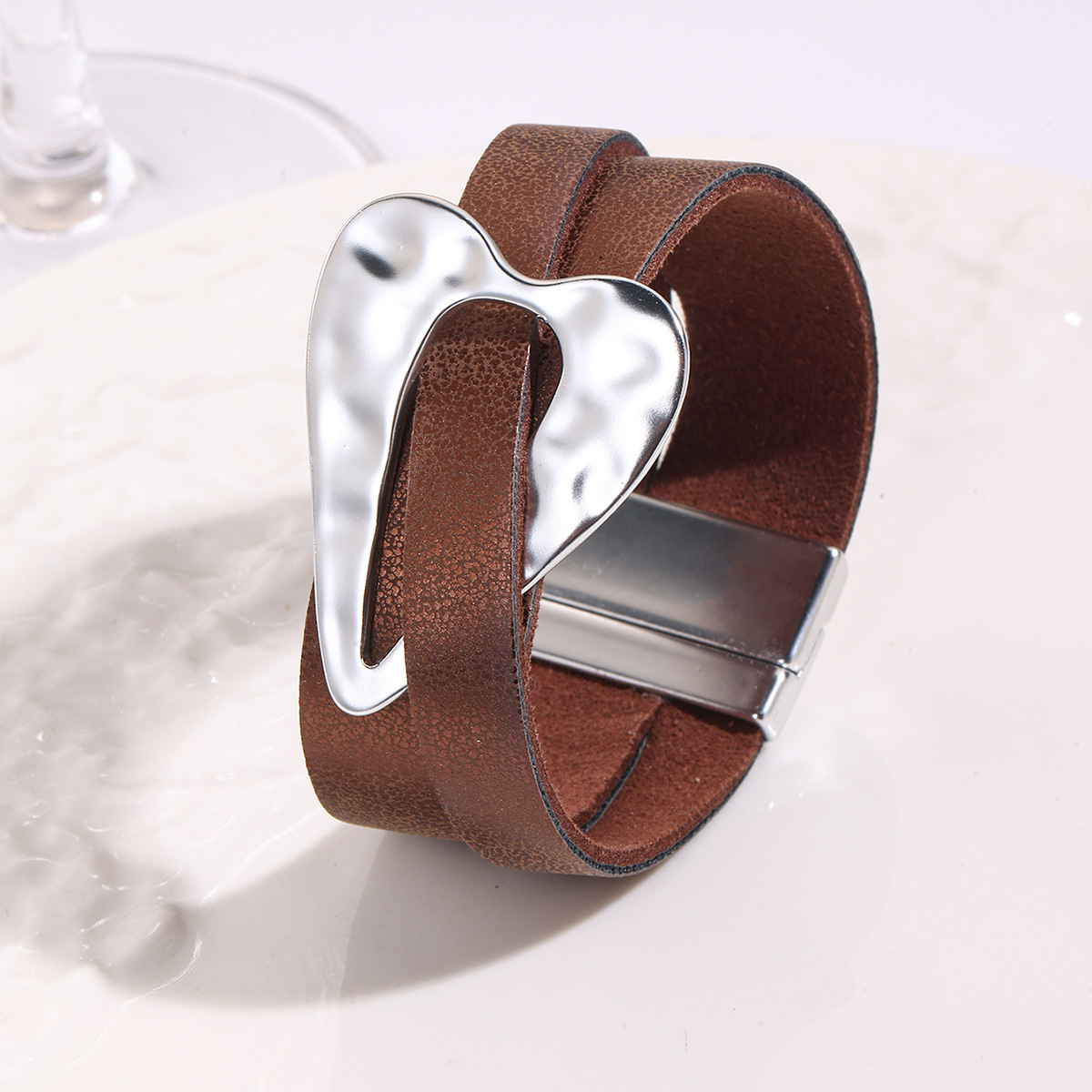 MYK1982-Brushed metal PU exaggerated alloy large heart bracelet