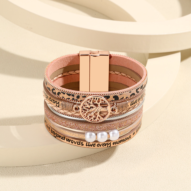 MYK1979-Bohemian Leather Multi-Layer Vintage Tree of Life Pearl Hand-Woven Magnetic Clasp Bracelet