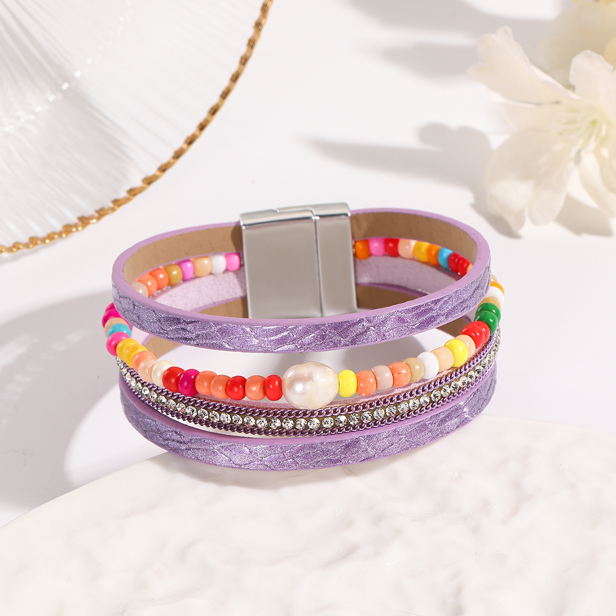 MYK1999-Bohemian style magnetic clasp leather bracelet with multi-layered wrapping.