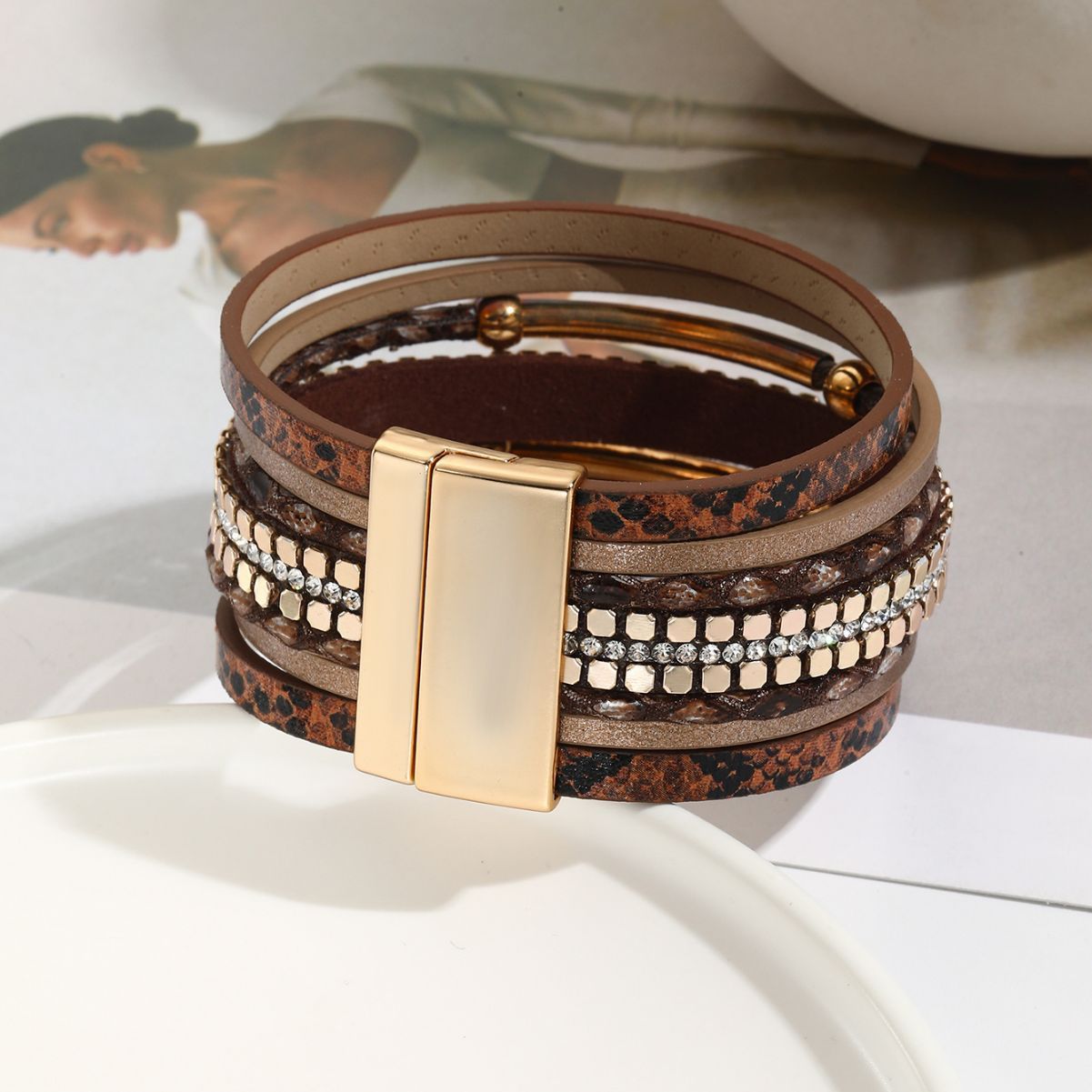 MYK1990-Snake skin beaded curved tube magnetic buckle artificial woven PU bracelet