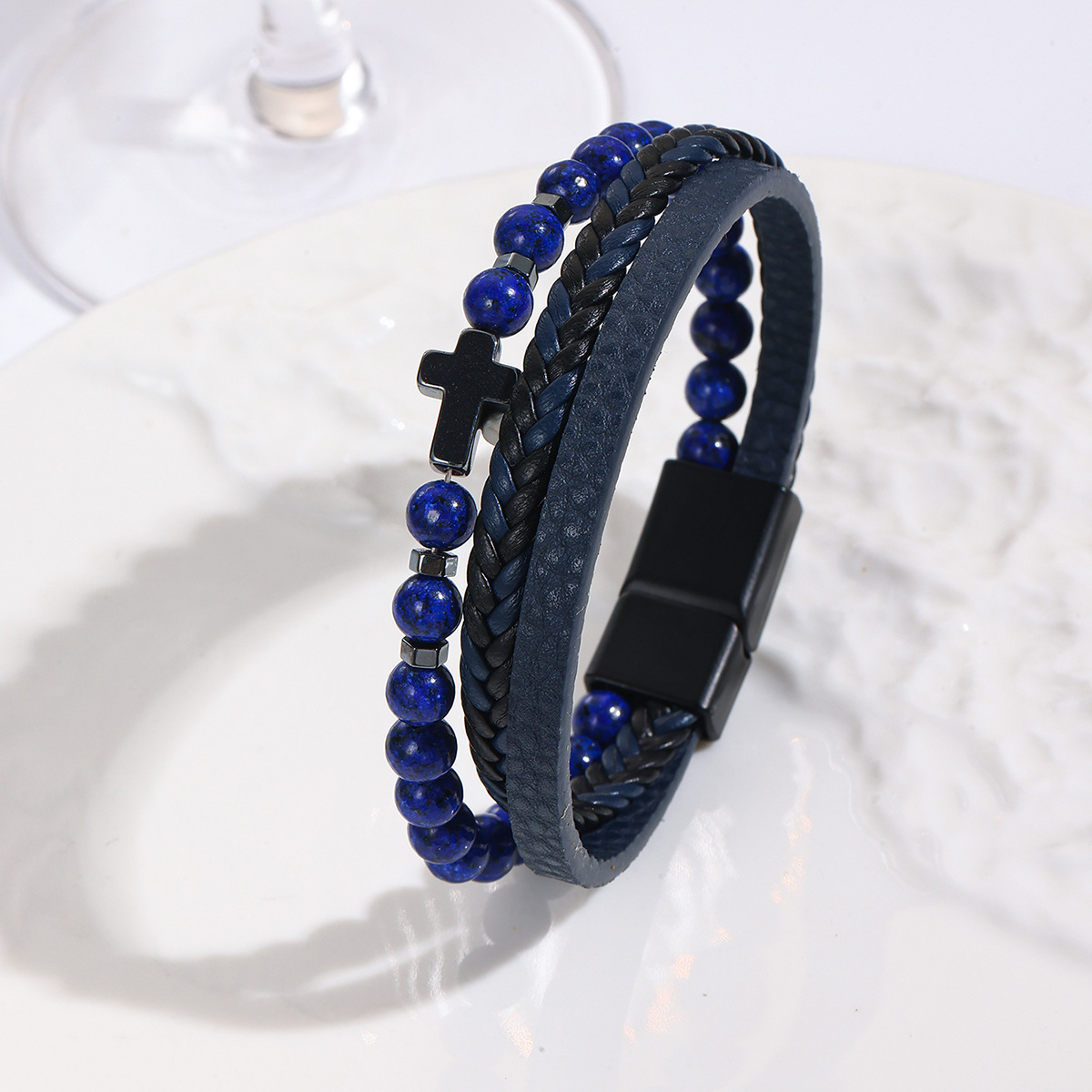 MYK1996-Natural stone men's leather woven beaded alloy magnetic clasp cross bracelet