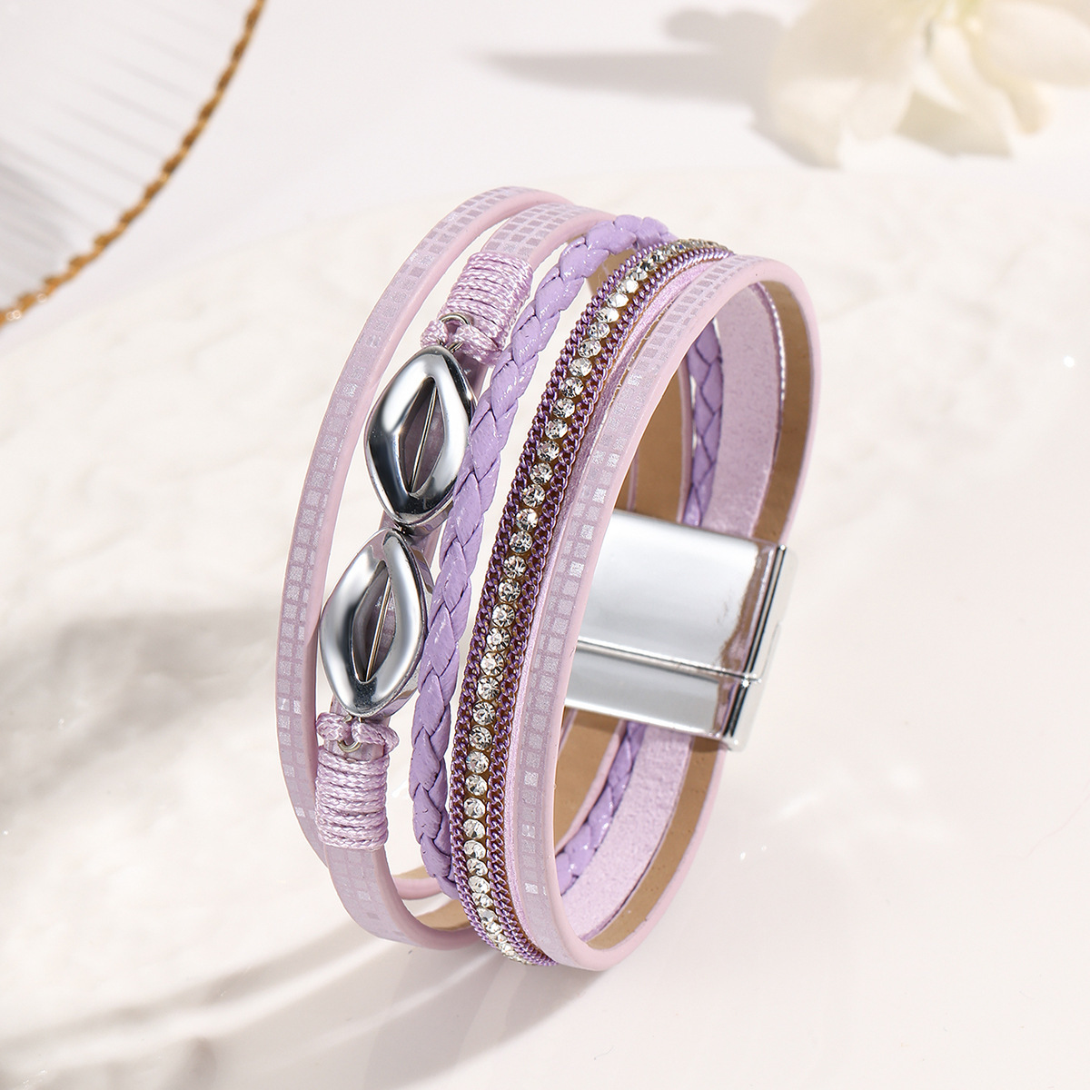 MYK2004-Multi-layered diamond-encrusted ethnic-style leather bracelet