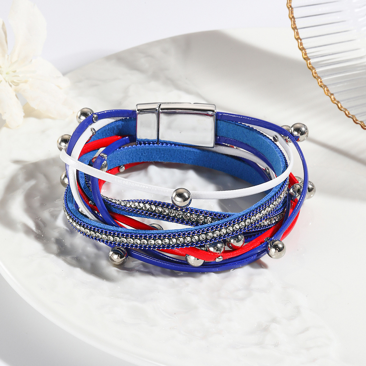 MYK2008-Red, white and blue double-ringed beaded multi-layered diamond-encrusted magnetic clasp bracelet