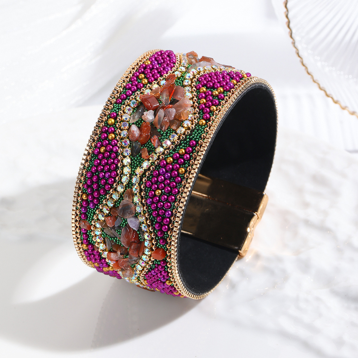 MYK1983-Pebble Seed Beads Leather Bohemian Style Gemstone Bracelet with Stainless Steel Magnetic Clasp