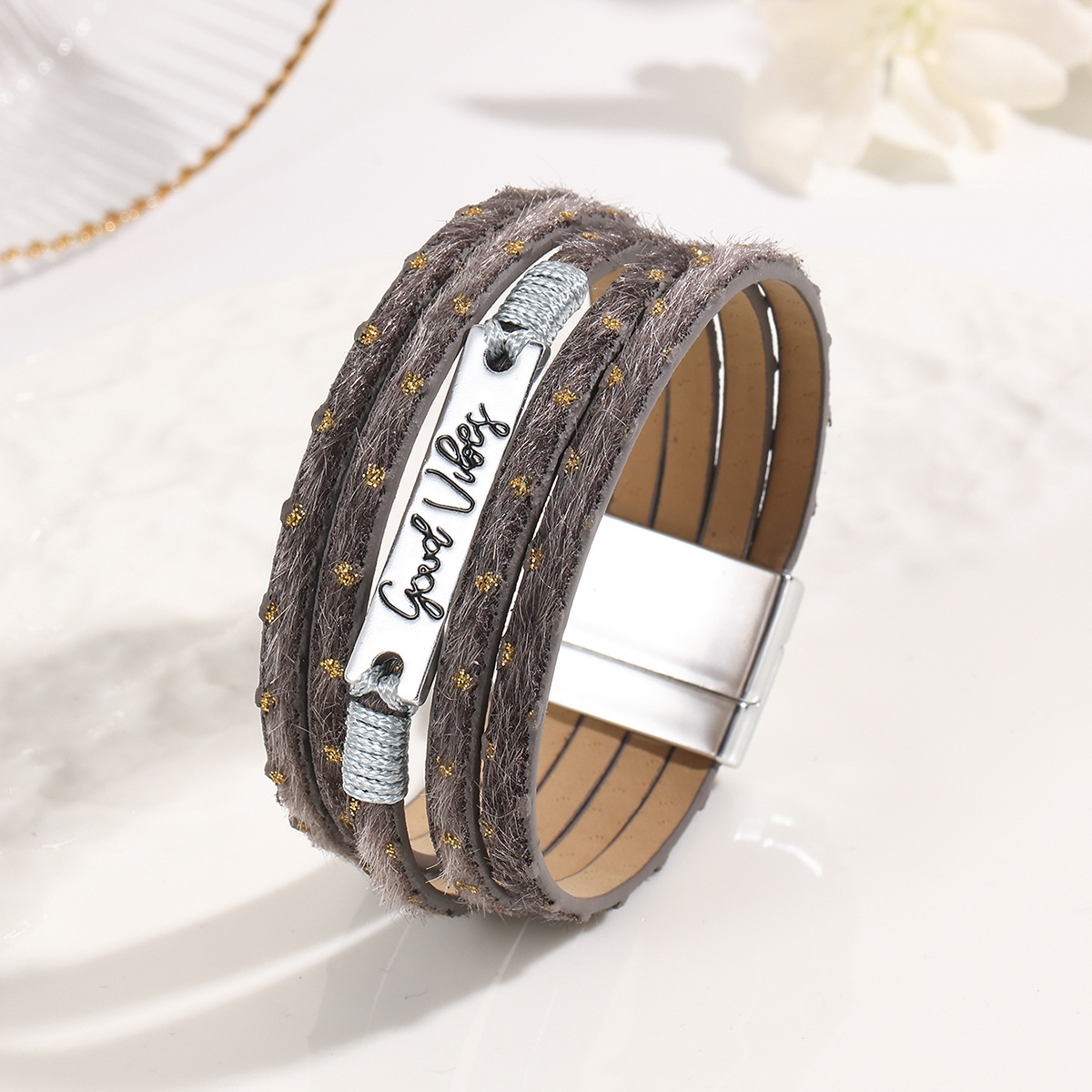 MYK1997-Bohemian ethnic style crystal iron multi-layer wide-edge leather bracelet