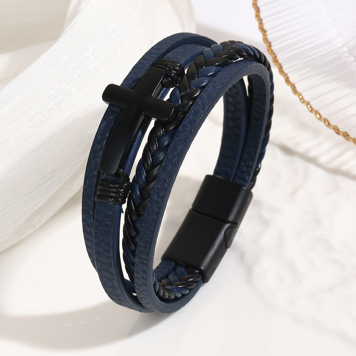 MYK1985-Hand-woven leather bracelet with magnetic clasp and cross design, stainless steel bracelet