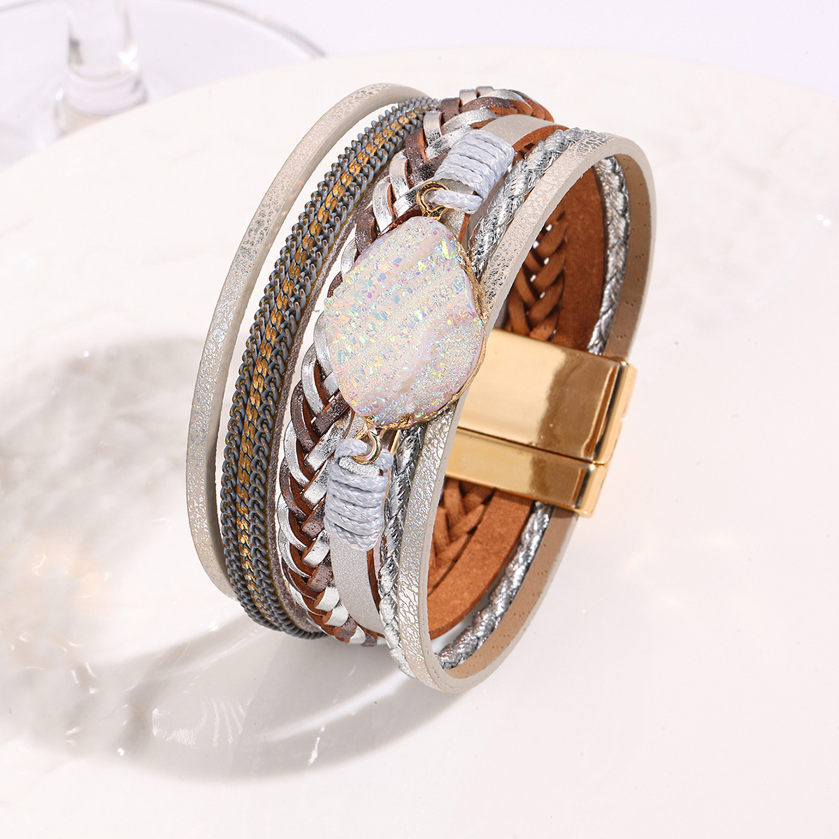 MYK1991-Bohemian ethnic style multi-layered leather hand-woven rhinestone magnetic clasp bracelet
