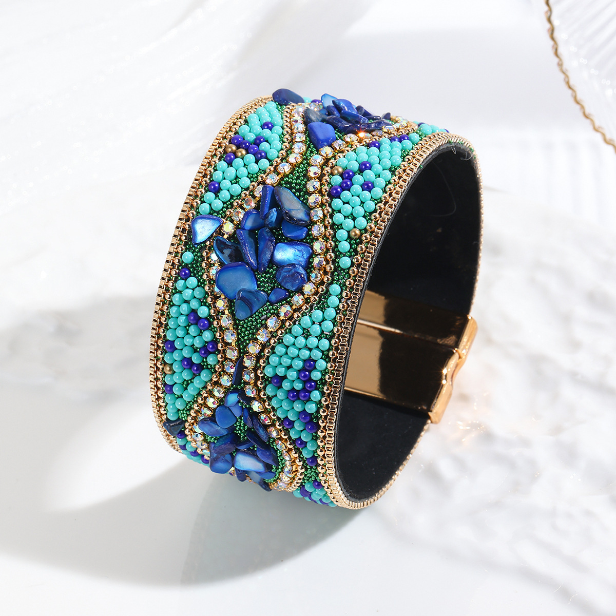 MYK1983-Pebble Seed Beads Leather Bohemian Style Gemstone Bracelet with Stainless Steel Magnetic Clasp