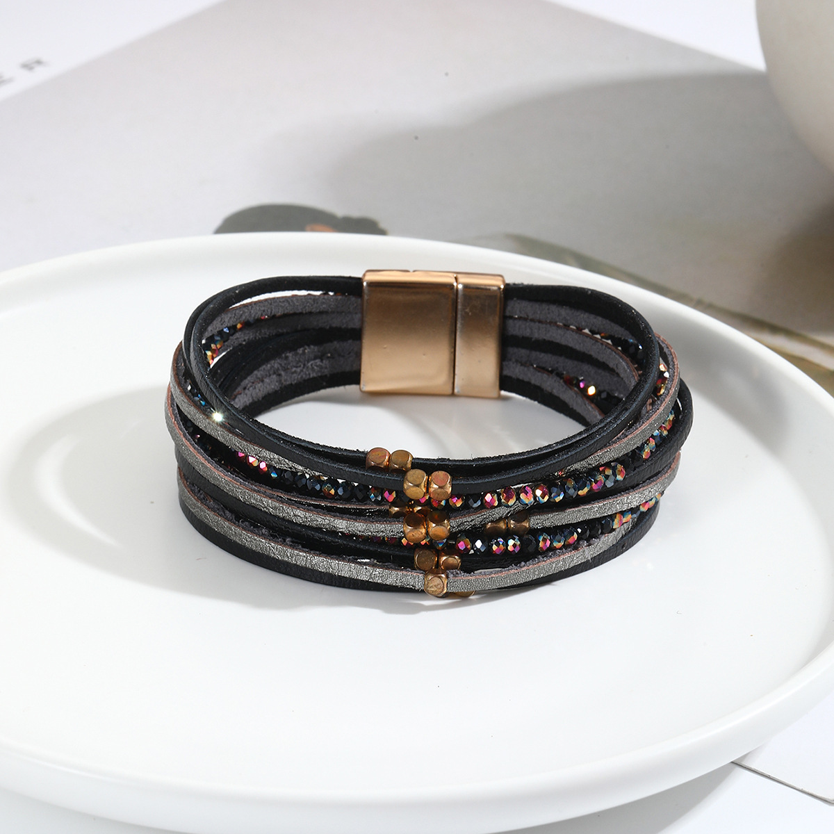MYK2000-Vintage metal bead soft leather bracelet