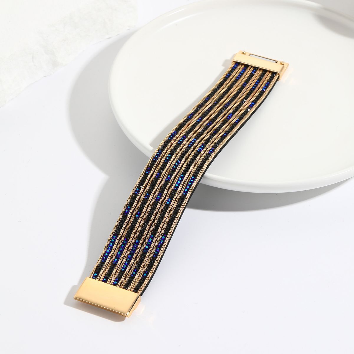 MYK2002-Multi-layered color-blocked chain, rhinestone-encrusted PU leather, magnetic clasp bracelet