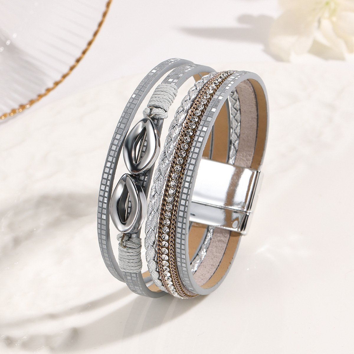 MYK2004-Multi-layered diamond-encrusted ethnic-style leather bracelet