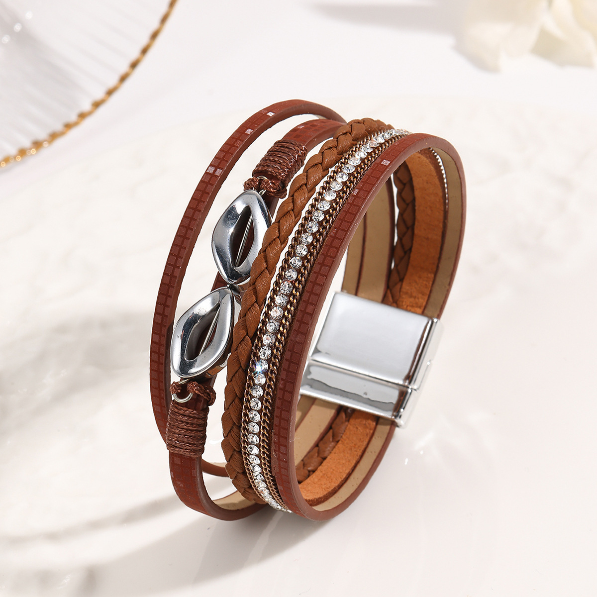 MYK2004-Multi-layered diamond-encrusted ethnic-style leather bracelet