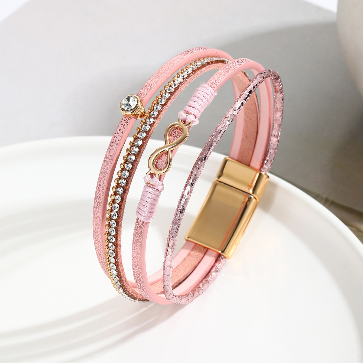MYK1987-Bohemian infinity symbol woven leather bracelet with rhinestone magnetic clasp