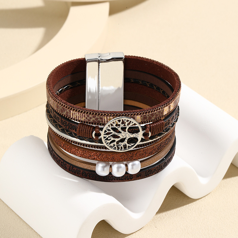 MYK1979-Bohemian Leather Multi-Layer Vintage Tree of Life Pearl Hand-Woven Magnetic Clasp Bracelet
