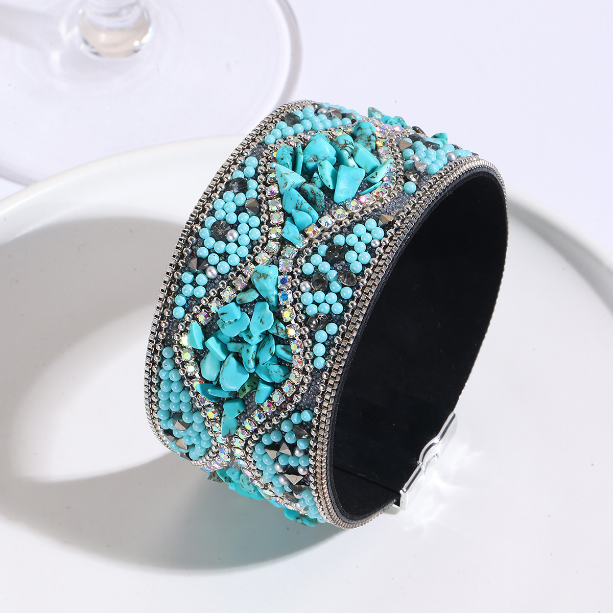 MYK1983-Pebble Seed Beads Leather Bohemian Style Gemstone Bracelet with Stainless Steel Magnetic Clasp