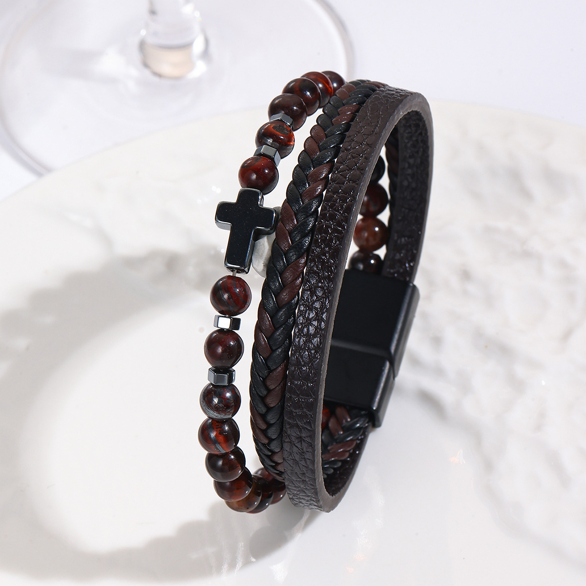 MYK1996-Natural stone men's leather woven beaded alloy magnetic clasp cross bracelet