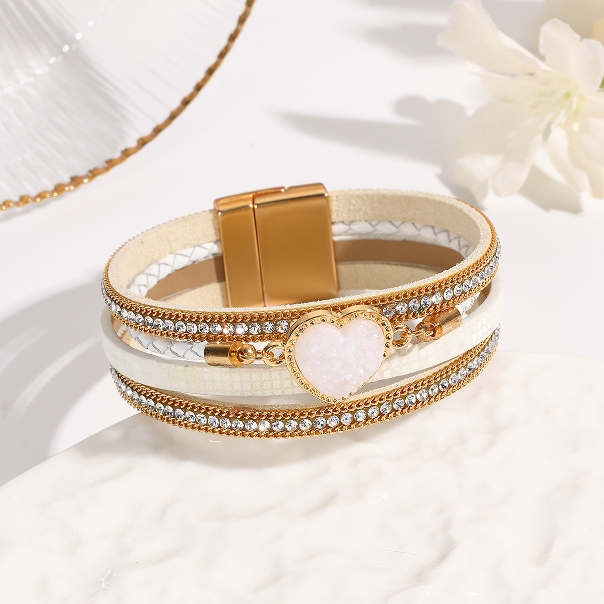 MYK1998-Leather woven heart-shaped crystal Bohemian diamond-encrusted magnetic clasp bracelet