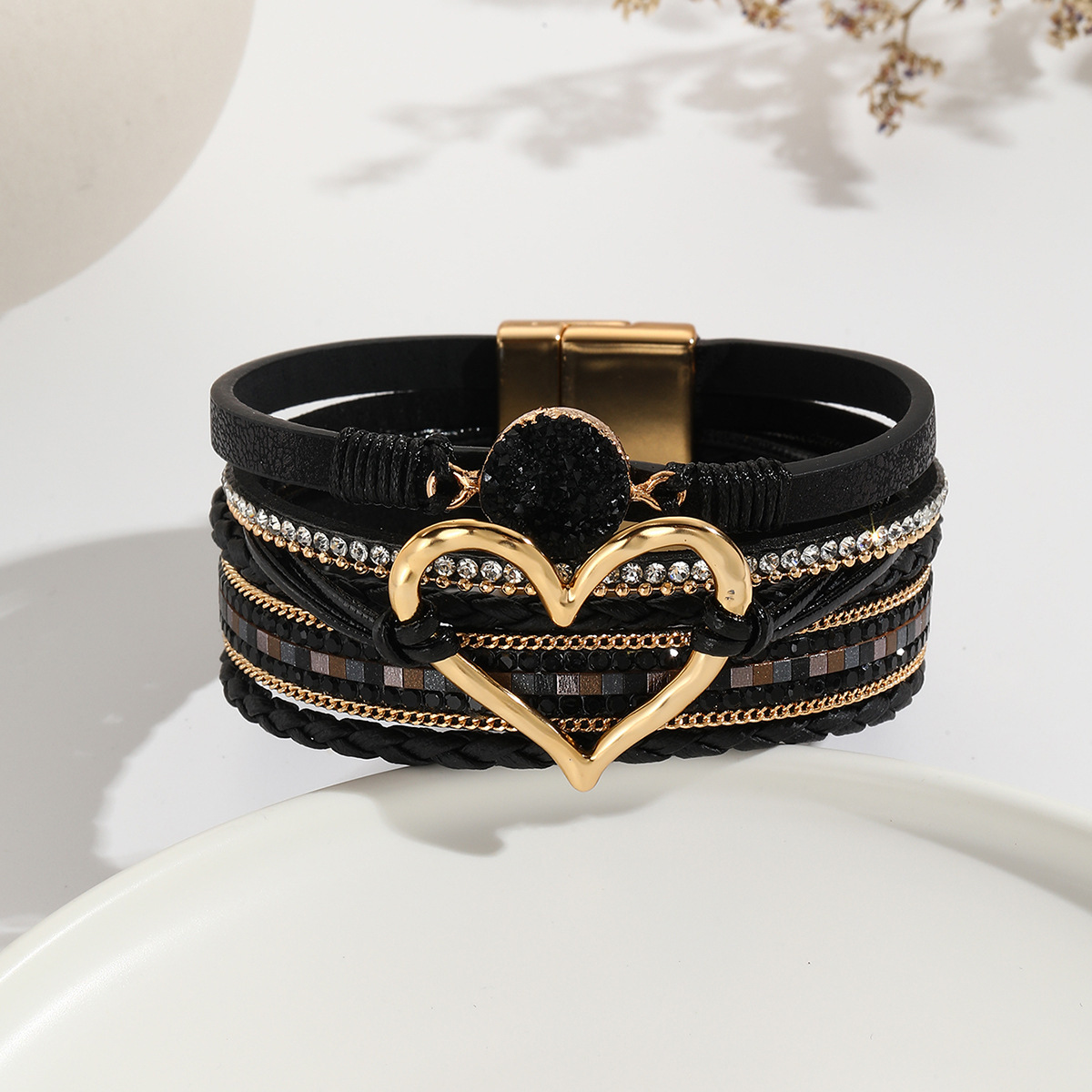 MYK2005-Bohemian Multi-Layer Bracelet with Raw Stone Heart Design, Tree of Life Pearl Magnetic Clasp