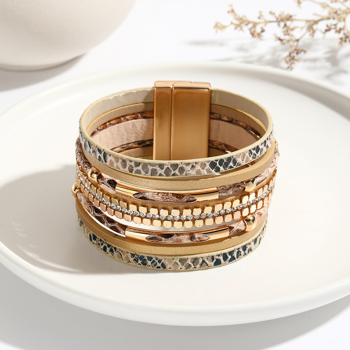 MYK2003-Snake skin beaded curved tube magnetic clasp bracelet