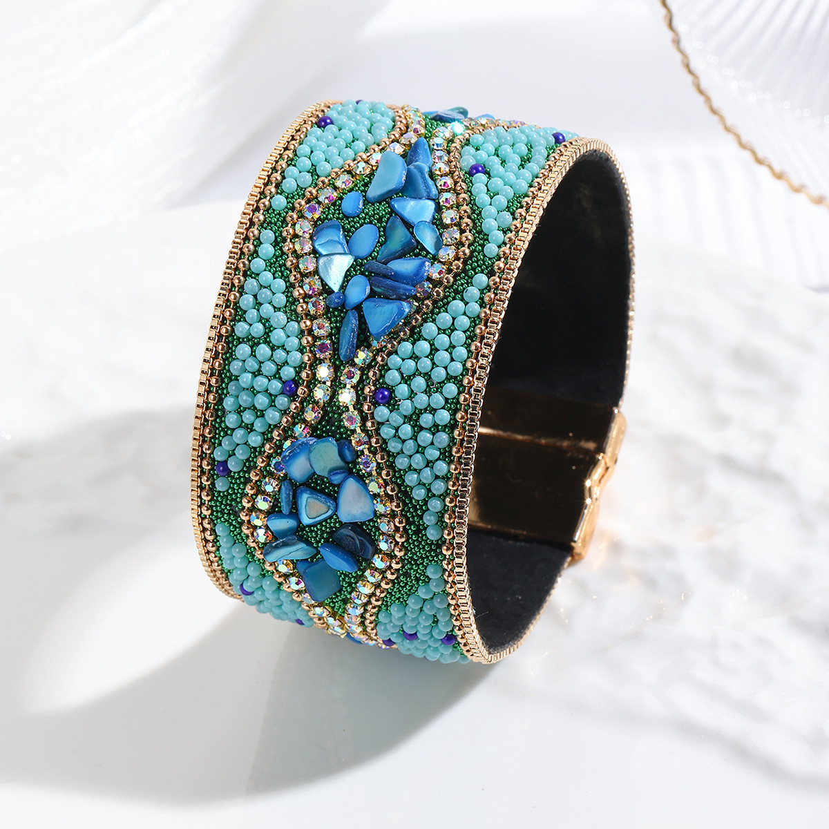MYK1983-Pebble Seed Beads Leather Bohemian Style Gemstone Bracelet with Stainless Steel Magnetic Clasp