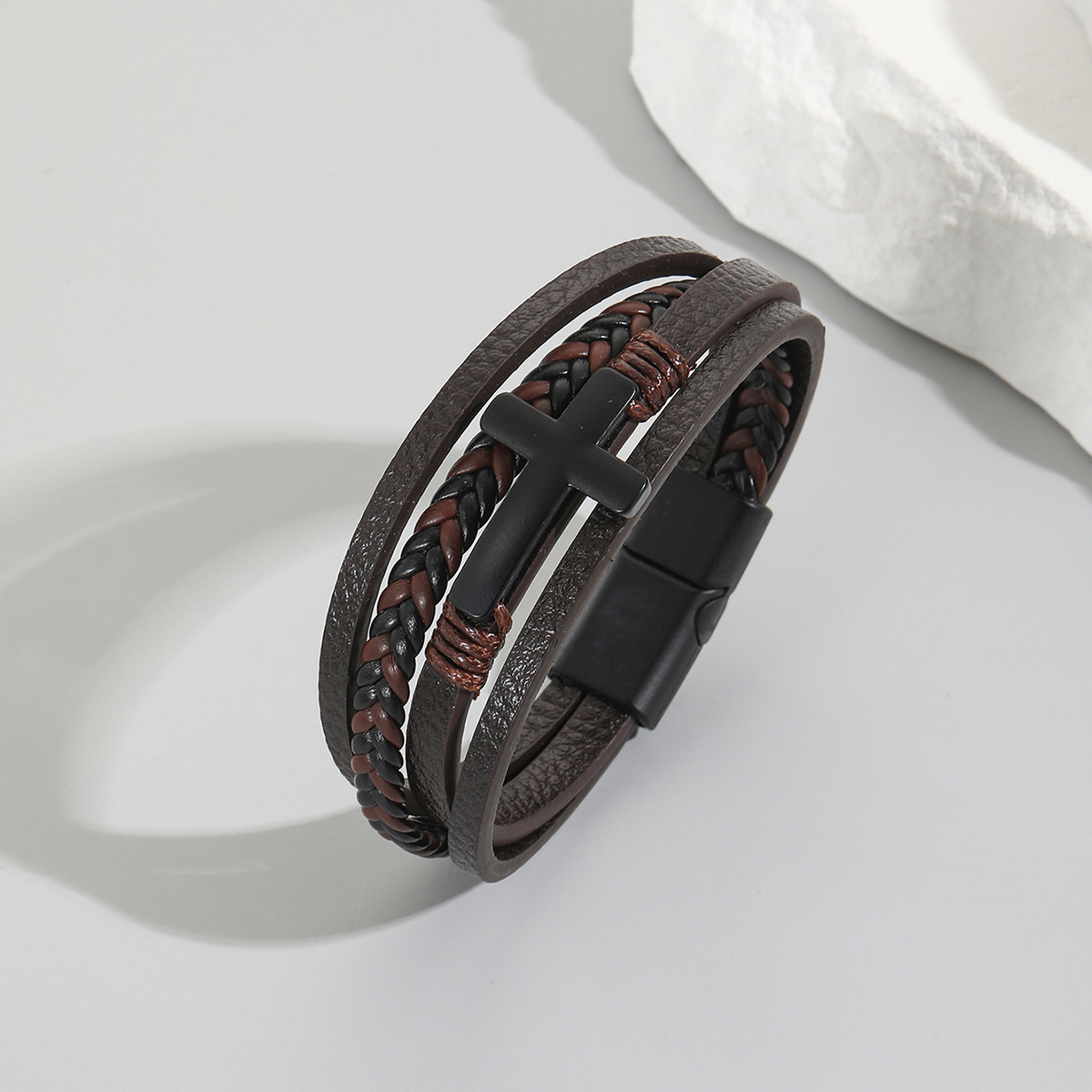 MYK1985-Hand-woven leather bracelet with magnetic clasp and cross design, stainless steel bracelet