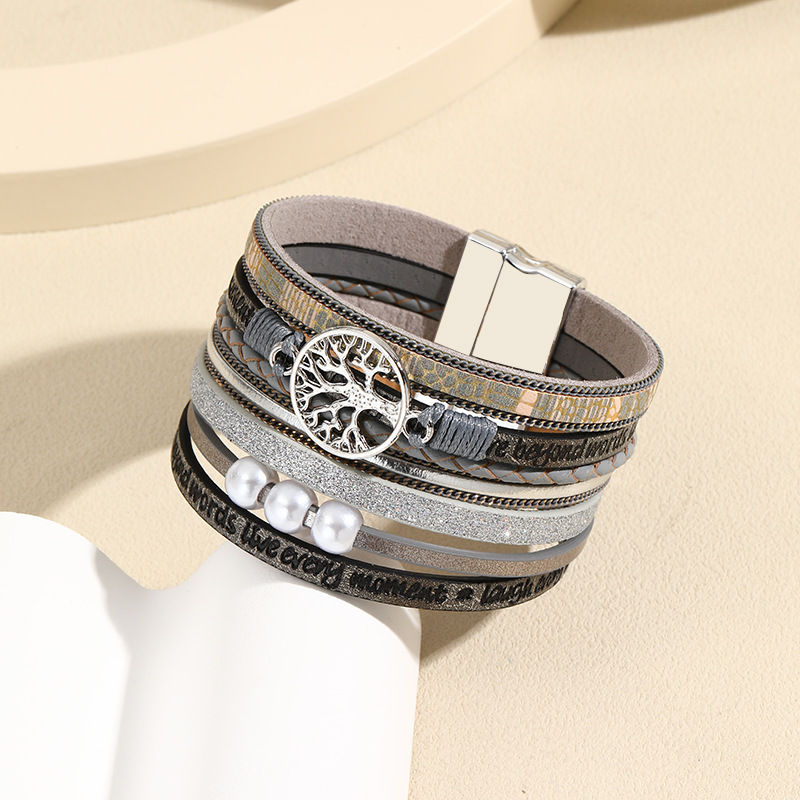 MYK1979-Bohemian Leather Multi-Layer Vintage Tree of Life Pearl Hand-Woven Magnetic Clasp Bracelet