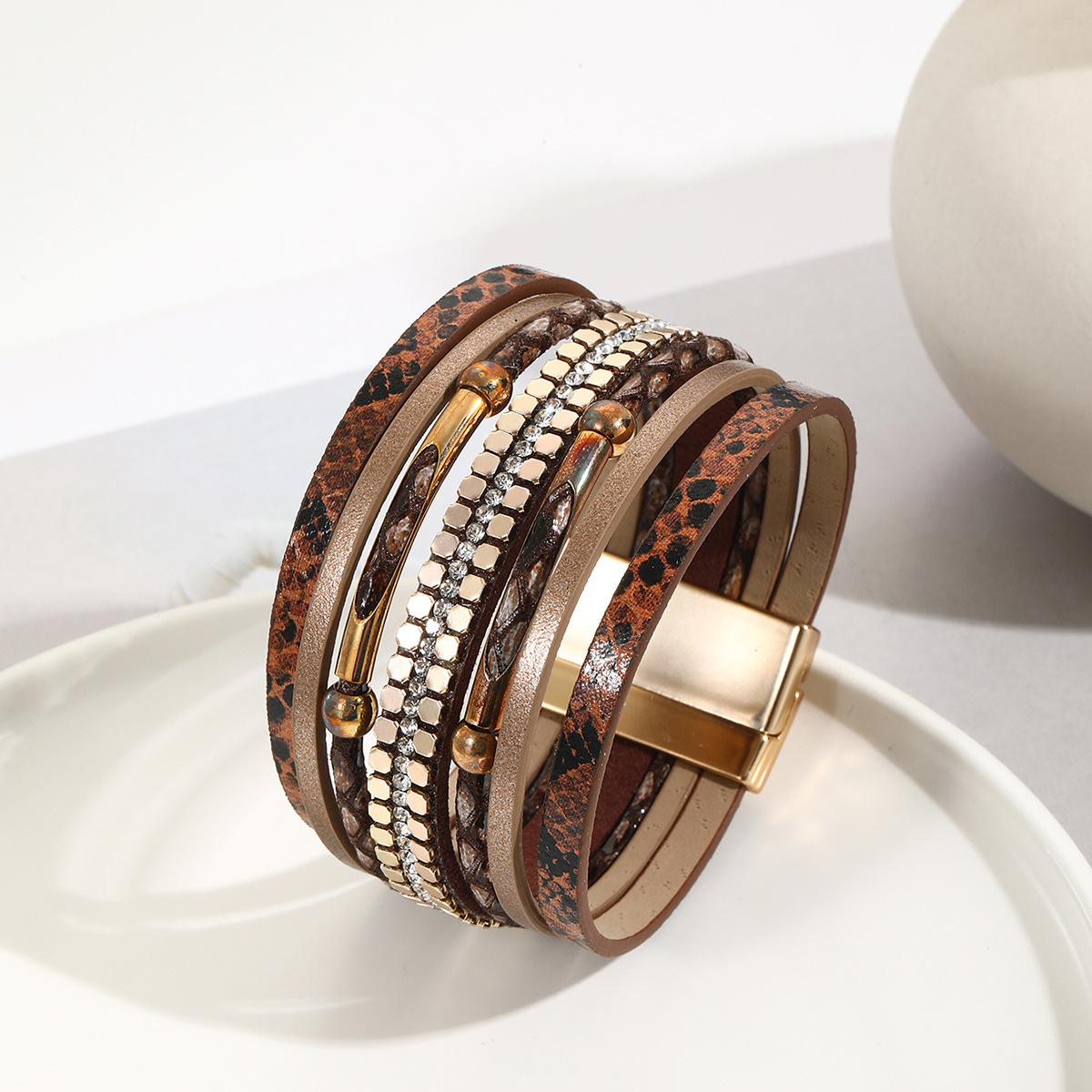 MYK1990-Snake skin beaded curved tube magnetic buckle artificial woven PU bracelet
