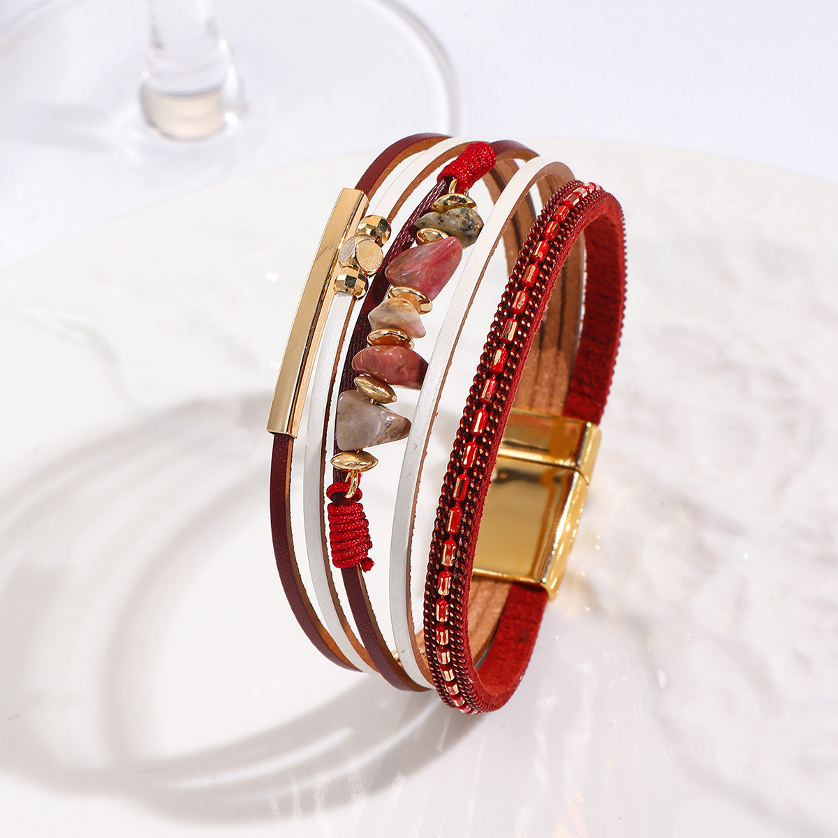 MYK1989-Bohemian style color-blocked pebble magnetic clasp PU leather bracelet