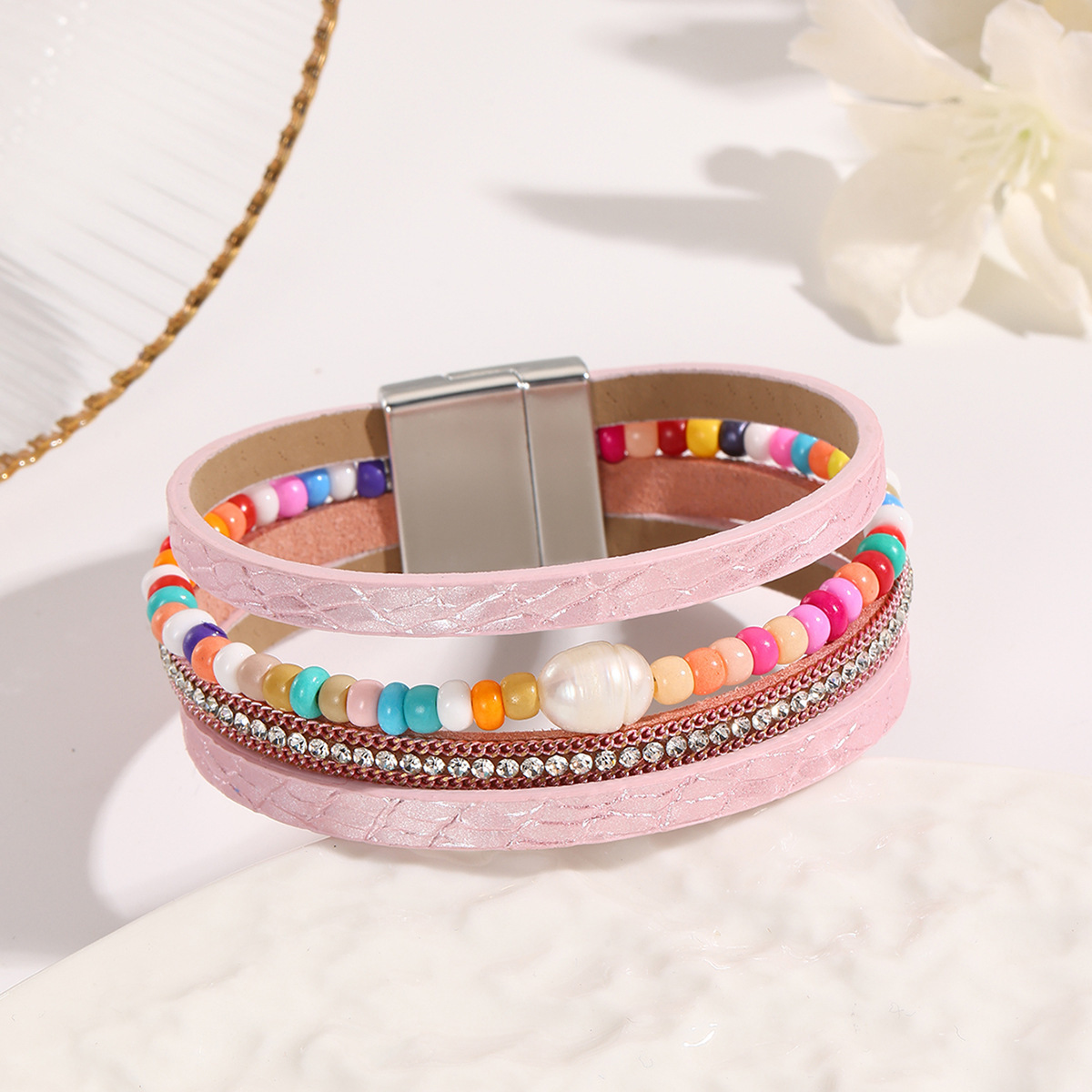 MYK1999-Bohemian style magnetic clasp leather bracelet with multi-layered wrapping.