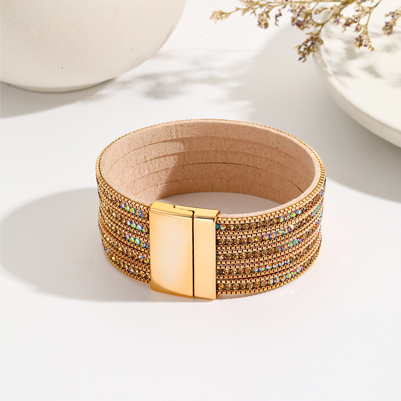 MYK1992-Fully diamond-encrusted leather wide-brimmed magnetic clasp bracelet
