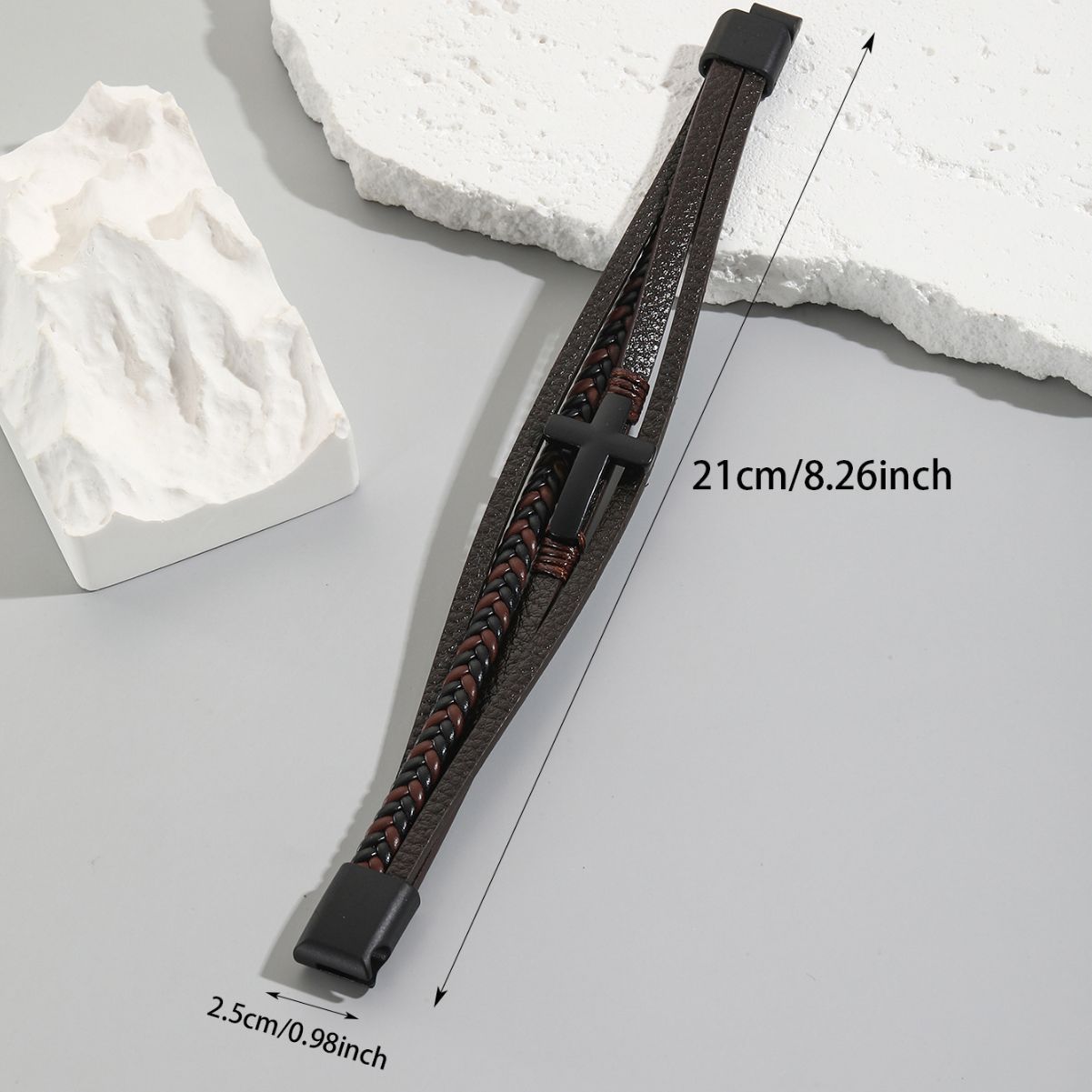 MYK1985-Hand-woven leather bracelet with magnetic clasp and cross design, stainless steel bracelet
