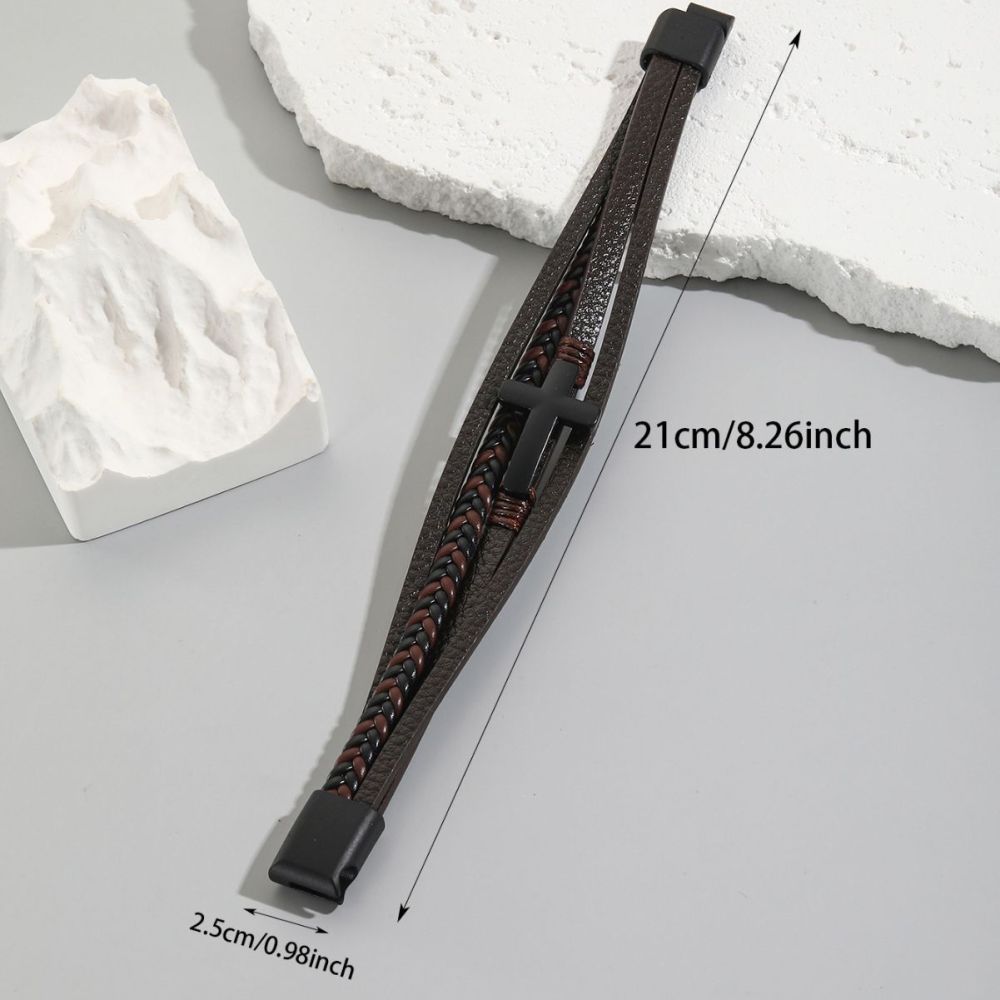 MYK1985-Hand-woven leather bracelet with magnetic clasp and cross design, stainless steel bracelet