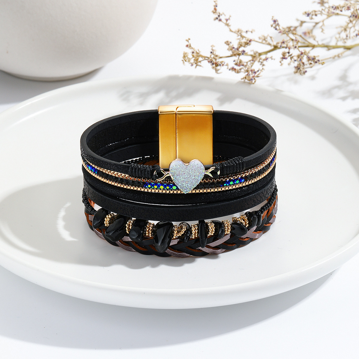 MYK1981-Heart-shaped pendant, vintage handmade woven PU multi-layered rhinestone-encrusted ethnic style irregular pebble bracelet