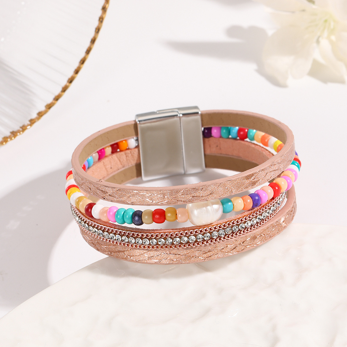 MYK1999-Bohemian style magnetic clasp leather bracelet with multi-layered wrapping.