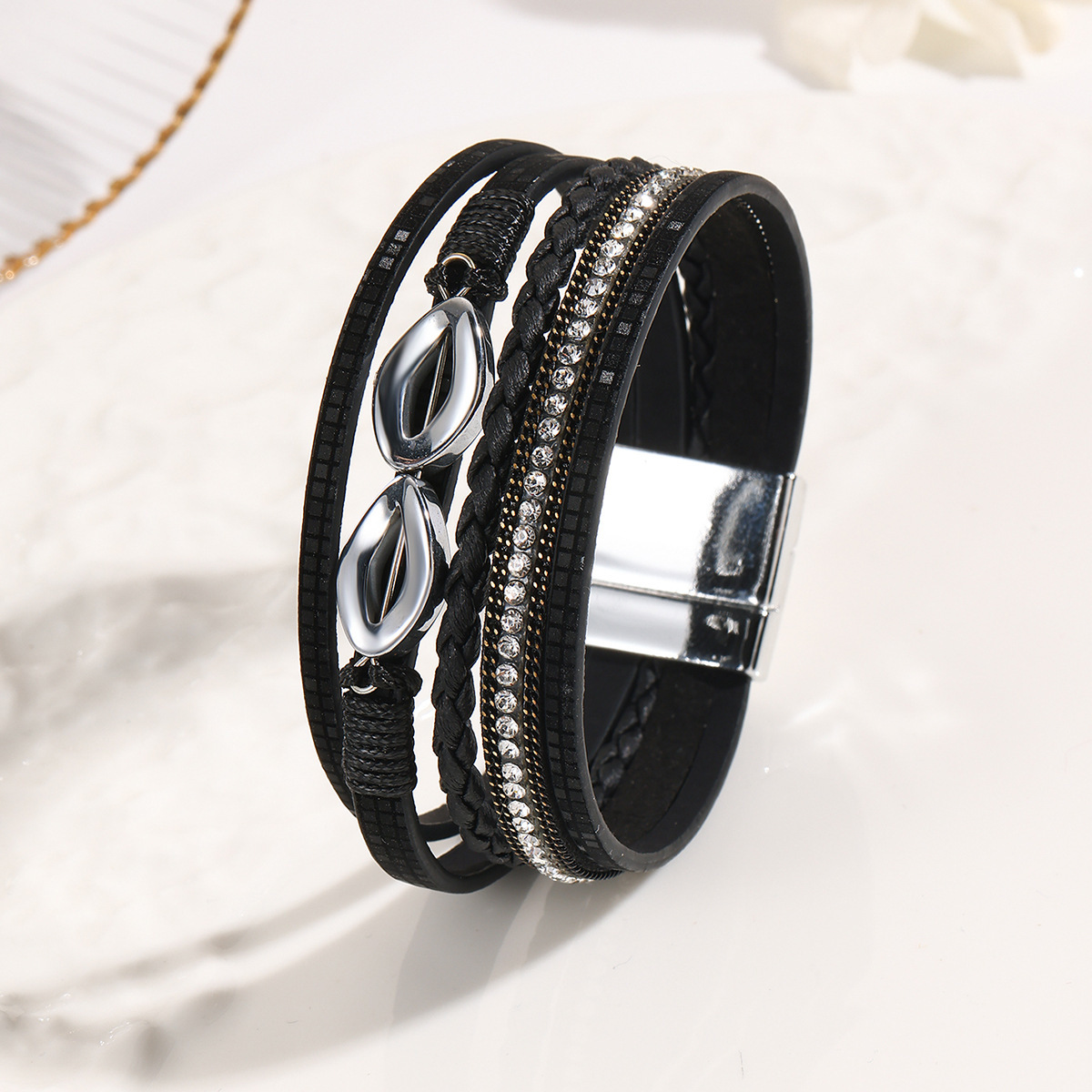 MYK2004-Multi-layered diamond-encrusted ethnic-style leather bracelet