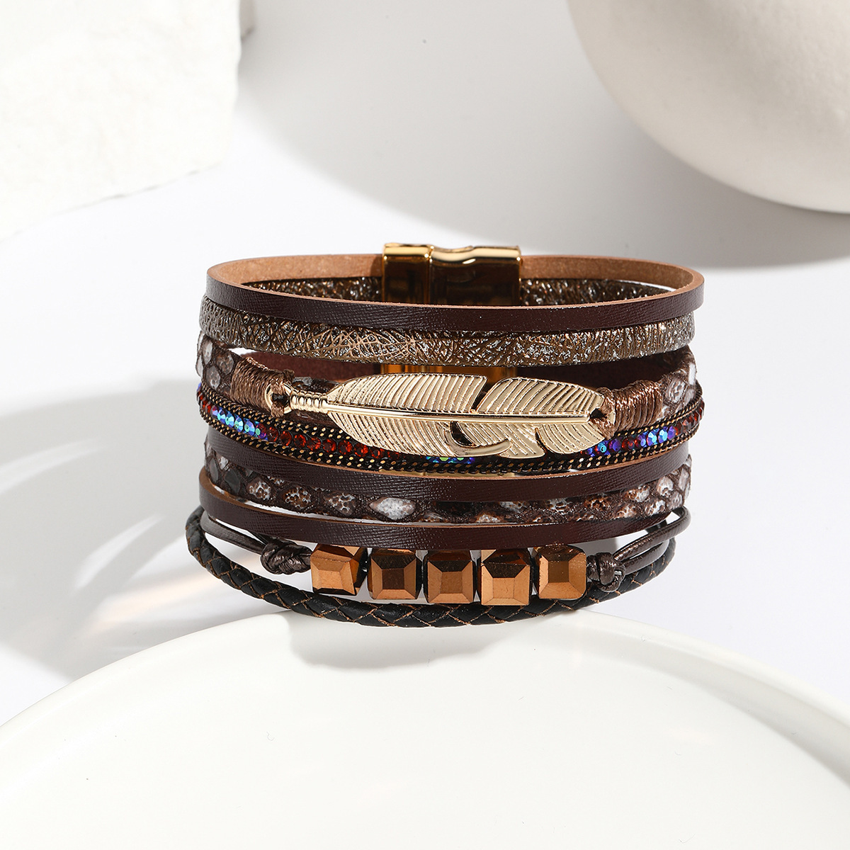 MYK1994-Hand-woven magnetic clasp fashion alloy feather multi-color bracelet