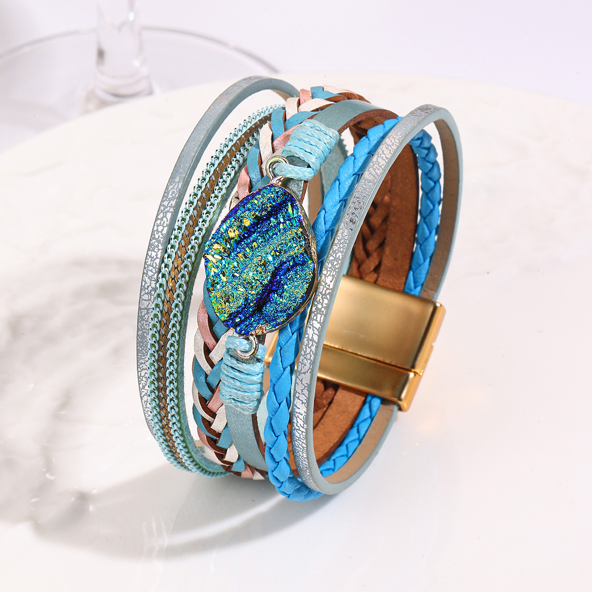 MYK1991-Bohemian ethnic style multi-layered leather hand-woven rhinestone magnetic clasp bracelet