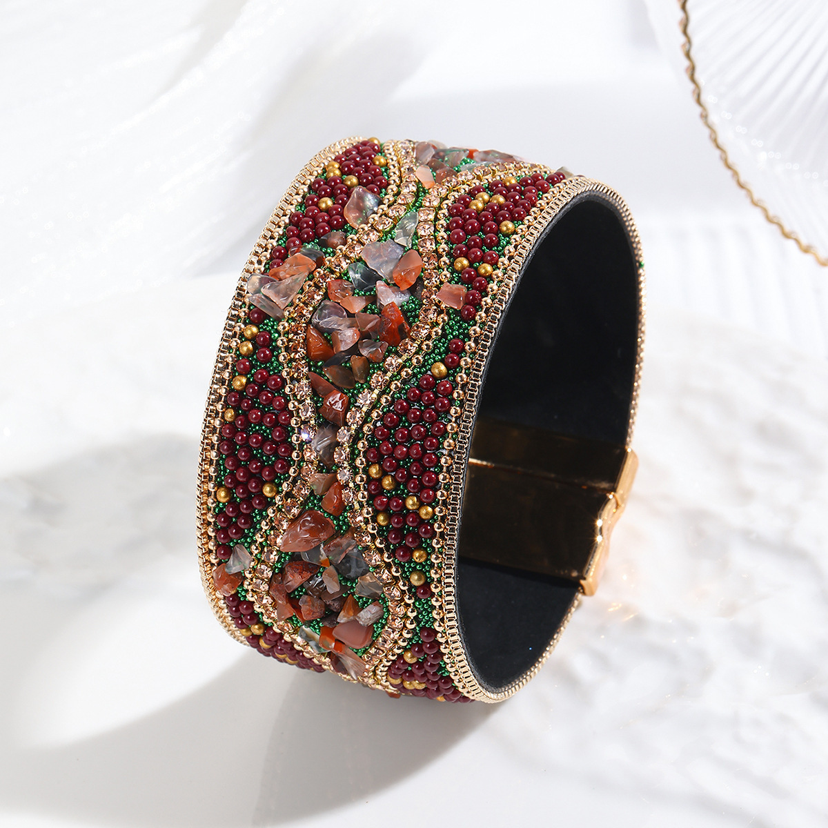 MYK1983-Pebble Seed Beads Leather Bohemian Style Gemstone Bracelet with Stainless Steel Magnetic Clasp