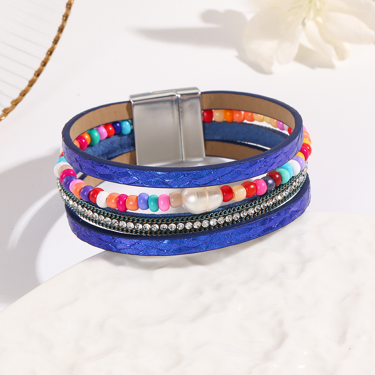 MYK1999-Bohemian style magnetic clasp leather bracelet with multi-layered wrapping.