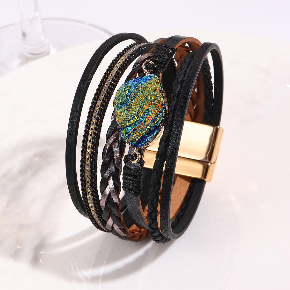 MYK1991-Bohemian ethnic style multi-layered leather hand-woven rhinestone magnetic clasp bracelet