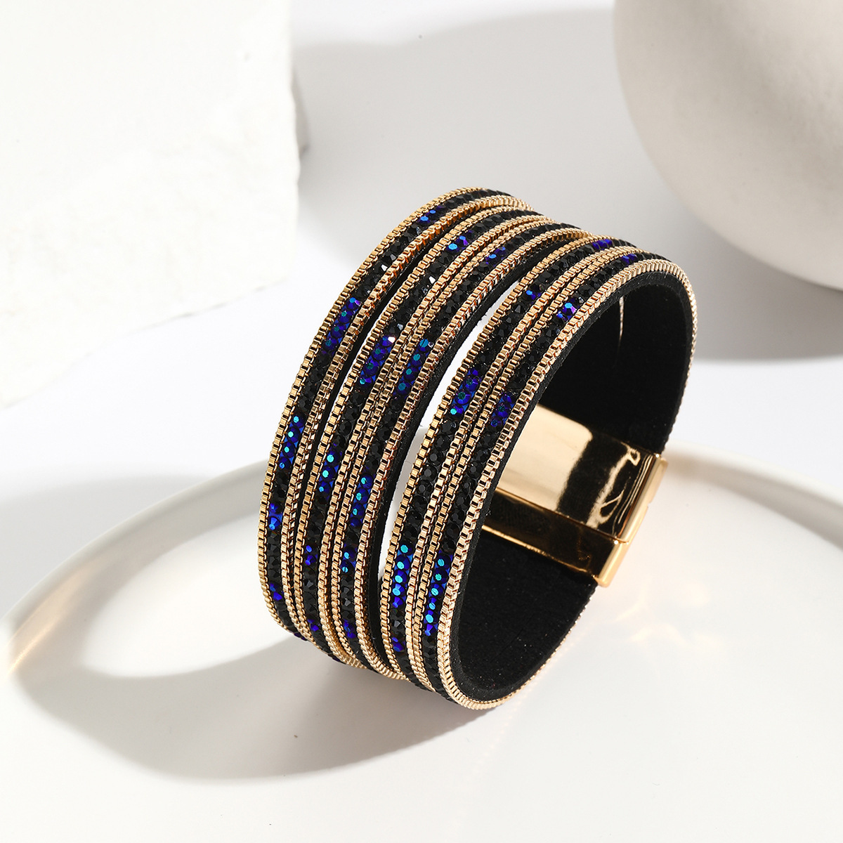 MYK2002-Multi-layered color-blocked chain, rhinestone-encrusted PU leather, magnetic clasp bracelet