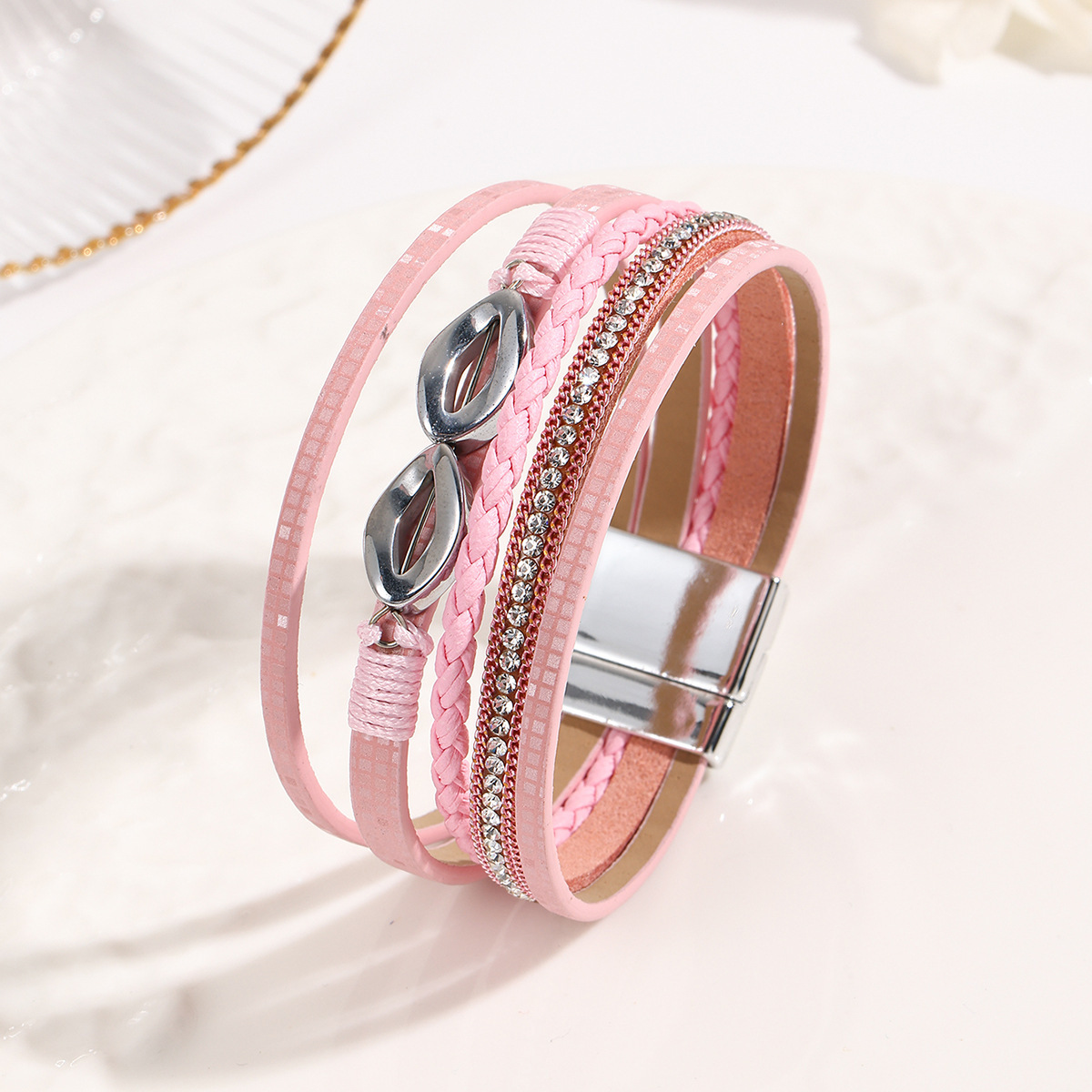 MYK2004-Multi-layered diamond-encrusted ethnic-style leather bracelet