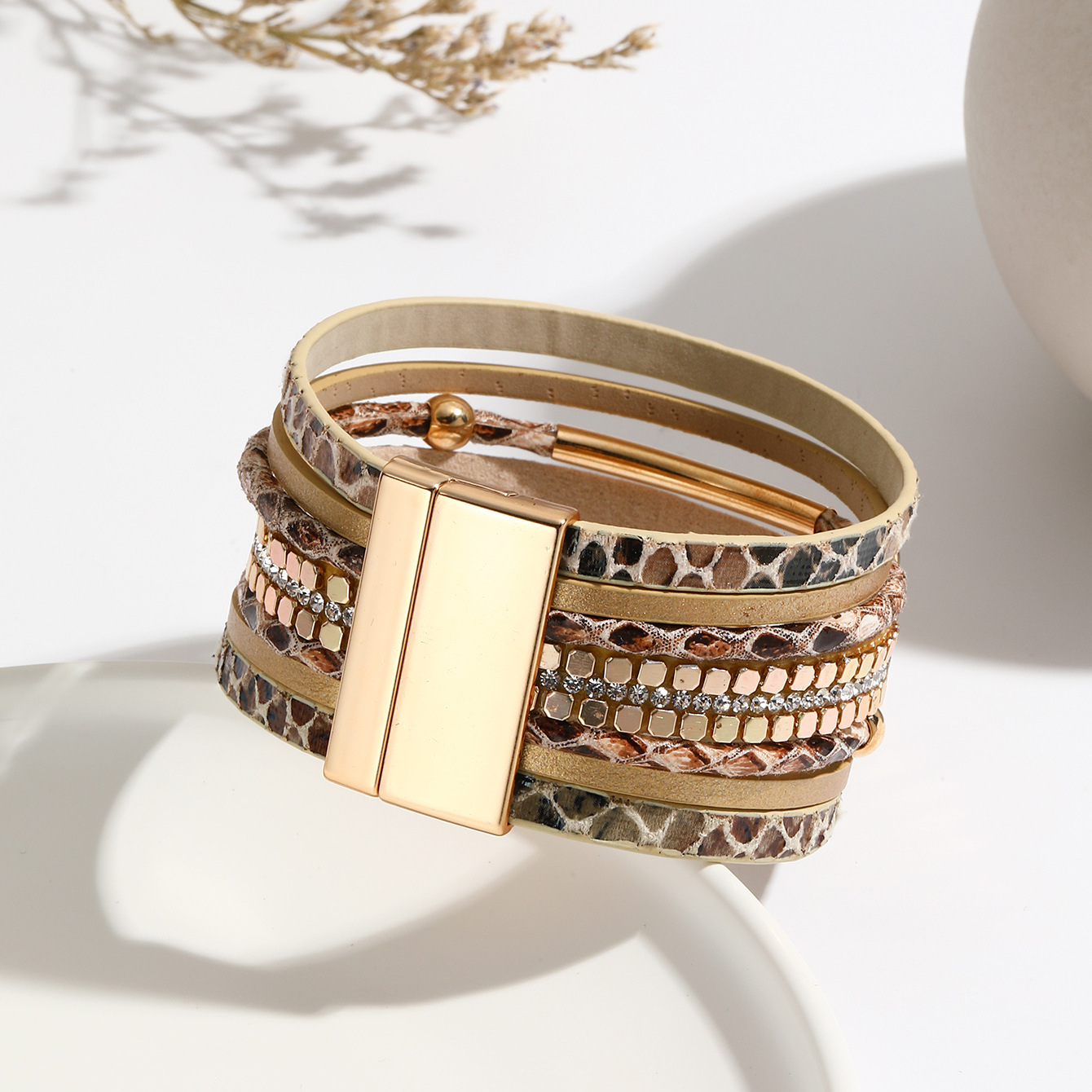 MYK2003-Snake skin beaded curved tube magnetic clasp bracelet