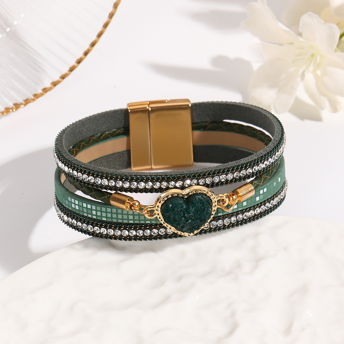 MYK1998-Leather woven heart-shaped crystal Bohemian diamond-encrusted magnetic clasp bracelet